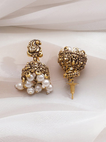 Rubans 22K Antique Gold-Plated Cubic Zirconia & White Pearl Drops Lakshmi Motif Temple Jewellery Set Jewellery Set