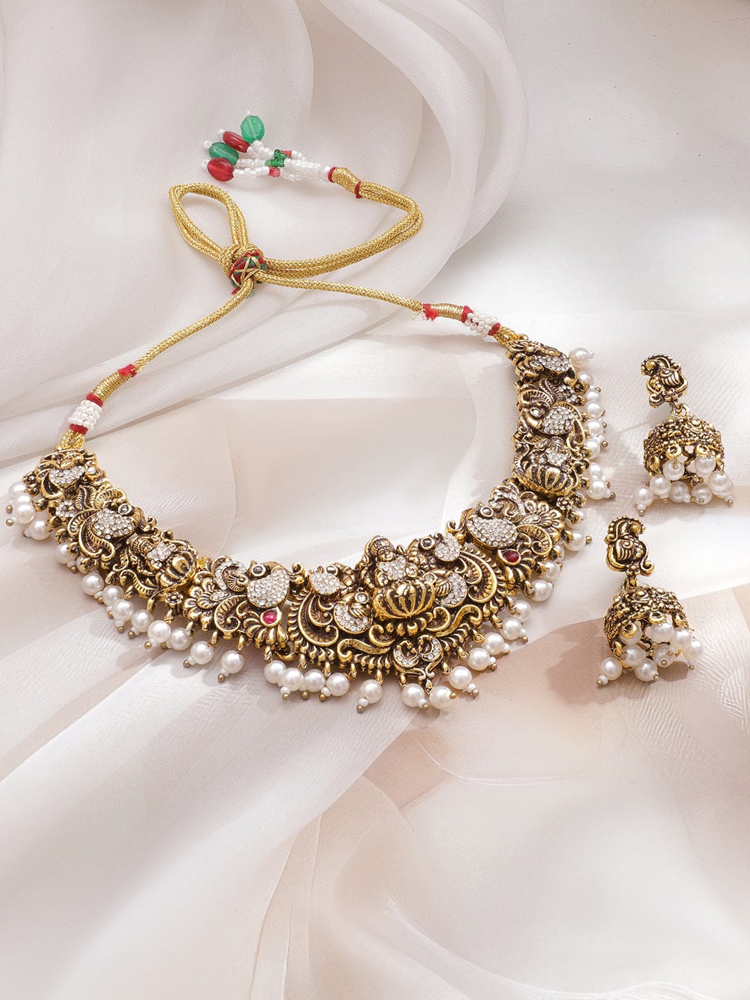 Rubans 22K Antique Gold-Plated Cubic Zirconia & White Pearl Drops Lakshmi Motif Temple Jewellery Set Jewellery Set