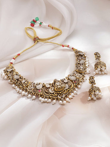 Rubans 22K Antique Gold-Plated Cubic Zirconia & White Pearl Drops Lakshmi Motif Temple Jewellery Set Jewellery Set
