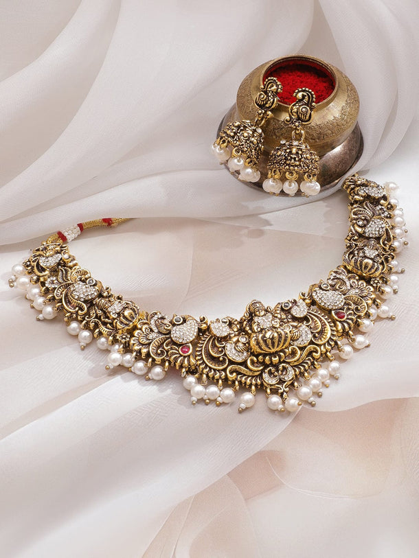 Rubans 22K Antique Gold-Plated Cubic Zirconia & White Pearl Drops Lakshmi Motif Temple Jewellery Set Jewellery Set
