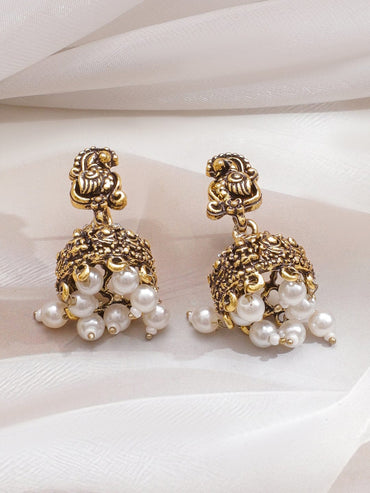 Rubans 22K Antique Gold-Plated Cubic Zirconia & White Pearl Drops Lakshmi Motif Temple Jewellery Set Jewellery Set