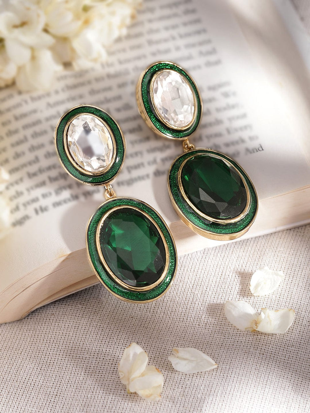 Rubans 22K Antique Gold Plated Emerald Crystal Studded Green Enamel Dangle Earring Earrings