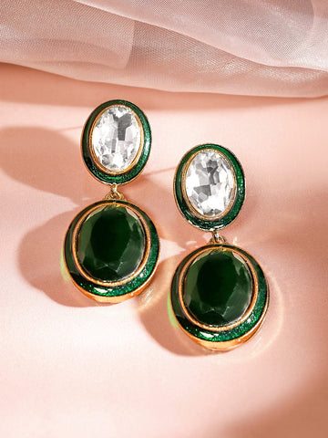 Rubans 22K Antique Gold Plated Emerald Crystal Zirconia Studded Green Enamel Drop Earring Drop Earrings