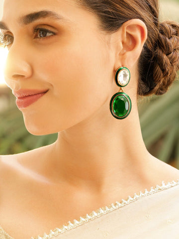 Rubans 22K Antique Gold Plated Emerald Crystal Zirconia Studded Green Enamel Drop Earring Drop Earrings