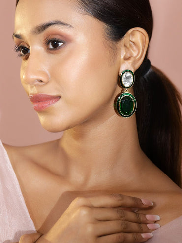 Rubans 22K Antique Gold Plated Emerald Crystal Zirconia Studded Green Enamel Drop Earring Drop Earrings