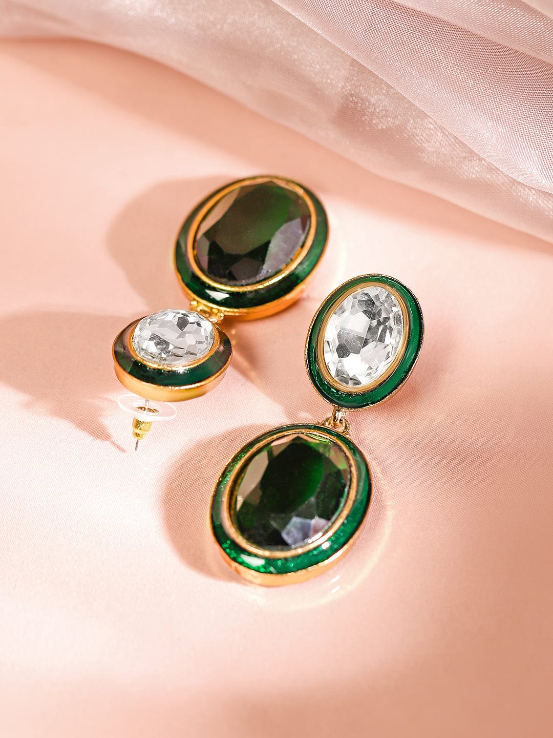 Rubans 22K Antique Gold Plated Emerald Crystal Zirconia Studded Green Enamel Drop Earring Drop Earrings