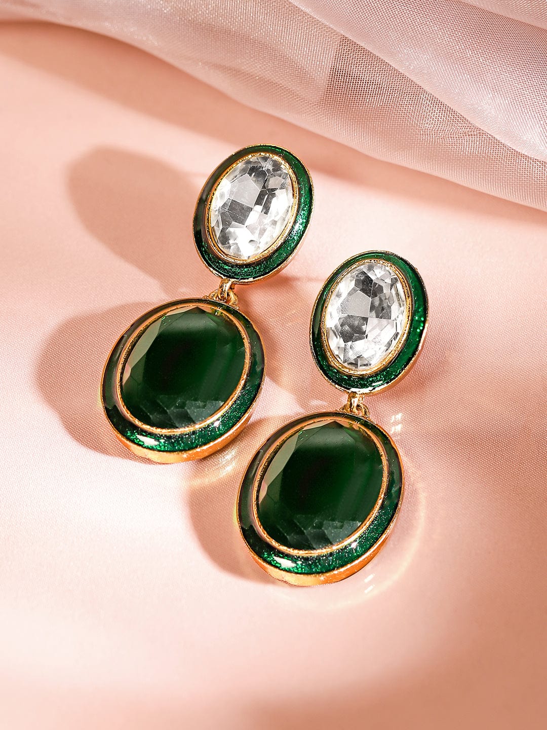 Rubans 22K Antique Gold Plated Emerald Crystal Zirconia Studded Green Enamel Drop Earring Drop Earrings