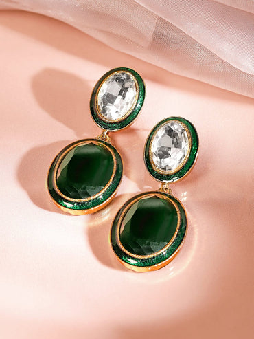 Rubans 22K Antique Gold Plated Emerald Crystal Zirconia Studded Green Enamel Drop Earring Drop Earrings
