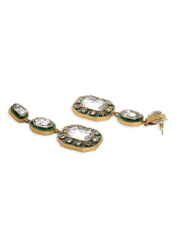 Rubans 22K Antique Gold plated Kundan Studded Green Enamel Statement Dangle Earring Earrings