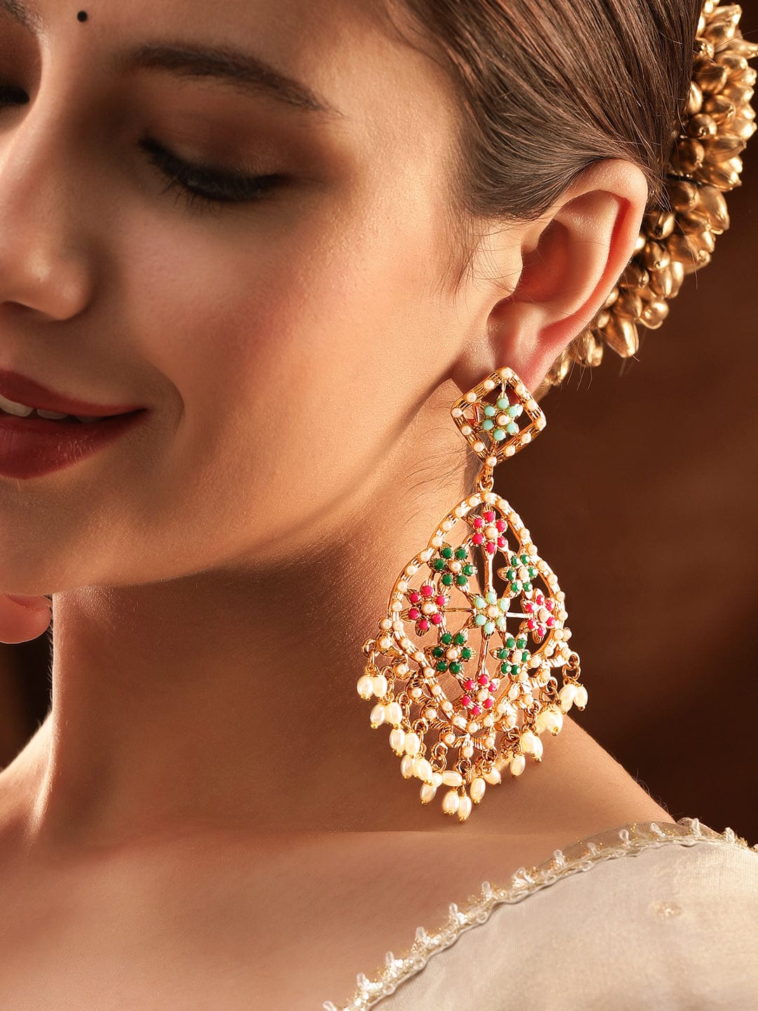 Rubans 22K Antique Gold Plated Multi Colour Pearl Studded Statement Chandbali Earrings Earrings