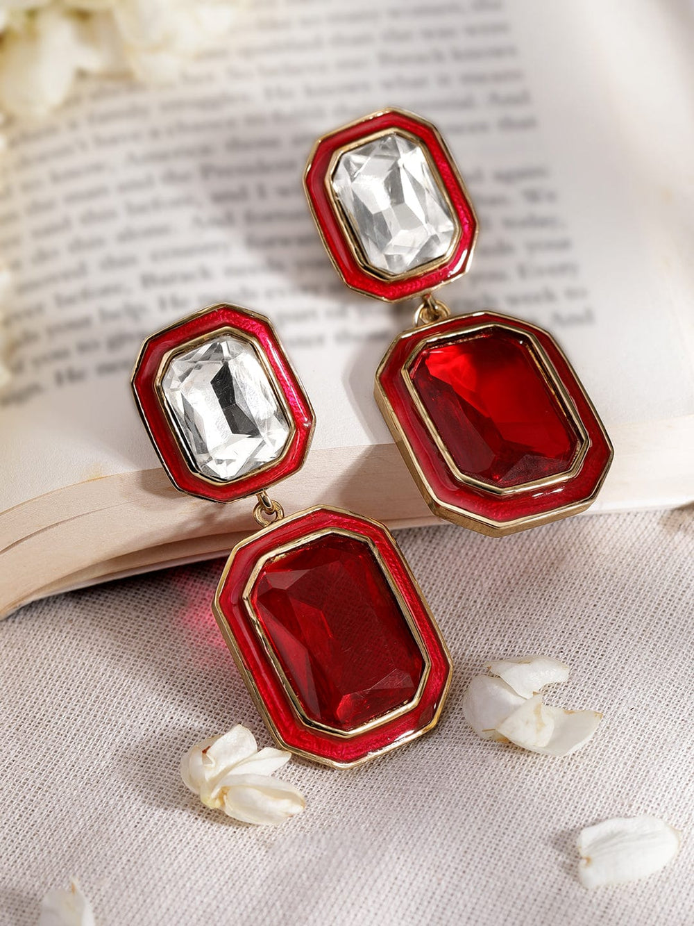 Rubans 22K Antique Gold Plated Ruby Crystal Studded Red Enamel Dangle Earring Earrings