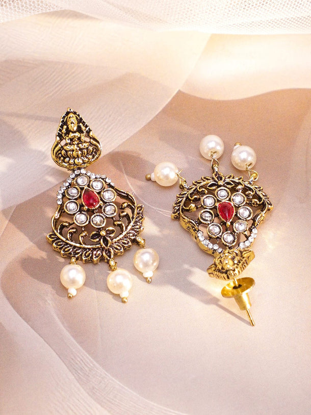 Rubans 22K Antique Gold-Plated Ruby Red Stones, White Pearls & Kundan Detailing Lakshmi Motif Temple Jewellery Set Jewellery Set