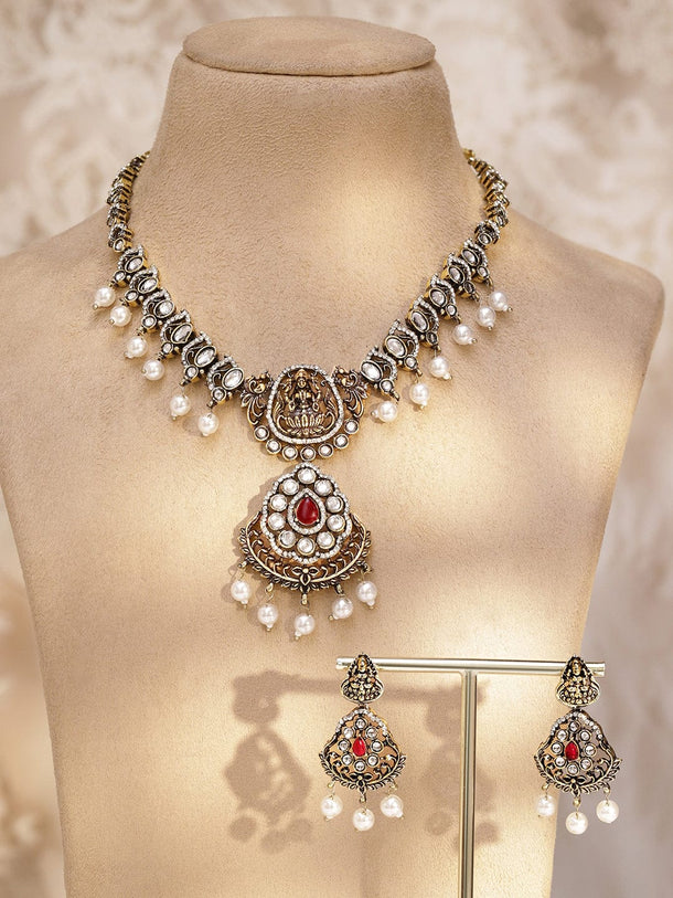 Rubans 22K Antique Gold-Plated Ruby Red Stones, White Pearls & Kundan Detailing Lakshmi Motif Temple Jewellery Set Jewellery Set