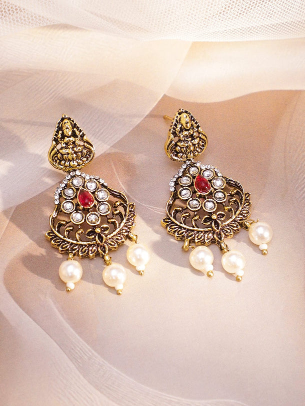 Rubans 22K Antique Gold-Plated Ruby Red Stones, White Pearls & Kundan Detailing Lakshmi Motif Temple Jewellery Set Jewellery Set