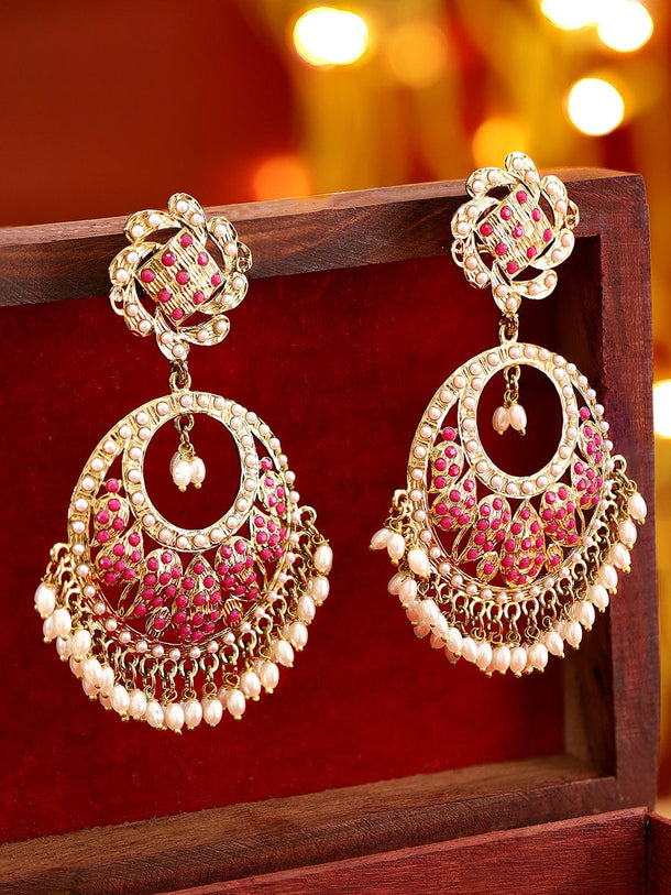 Rubans 22K Antique Gold Plated Ruby Zirconia & Pearl Studded Statement Chandbali Earring Earrings