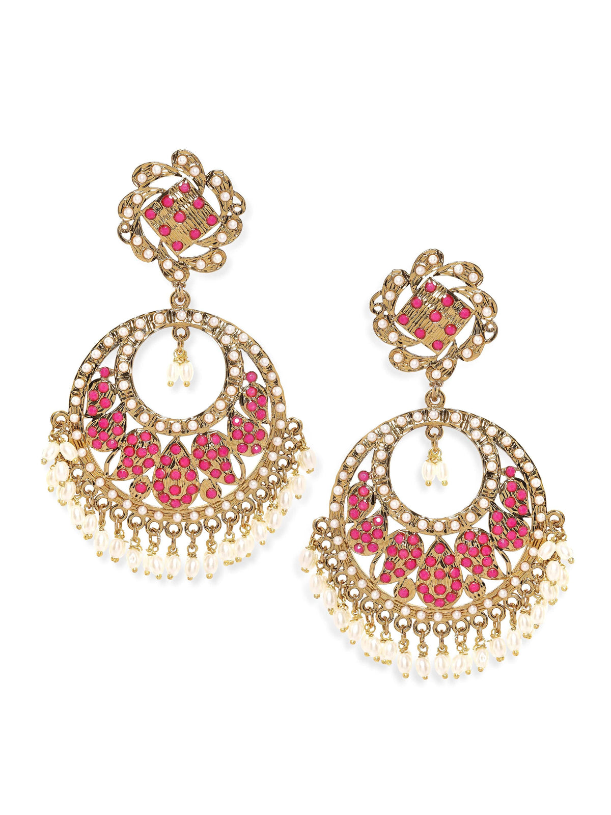 Rubans 22K Antique Gold Plated Ruby Zirconia & Pearl Studded Statement Chandbali Earring Earrings