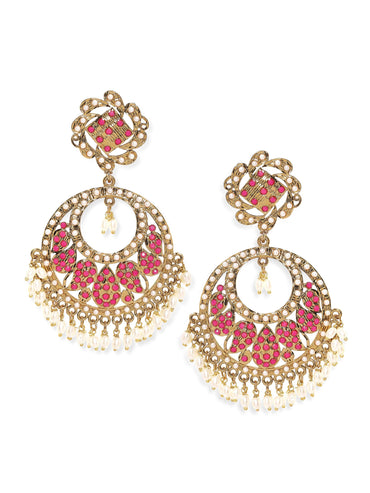 Rubans 22K Antique Gold Plated Ruby Zirconia & Pearl Studded Statement Chandbali Earring Earrings