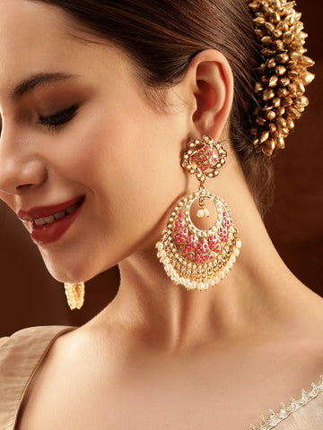 Rubans 22K Antique Gold Plated Ruby Zirconia & Pearl Studded Statement Chandbali Earring Earrings