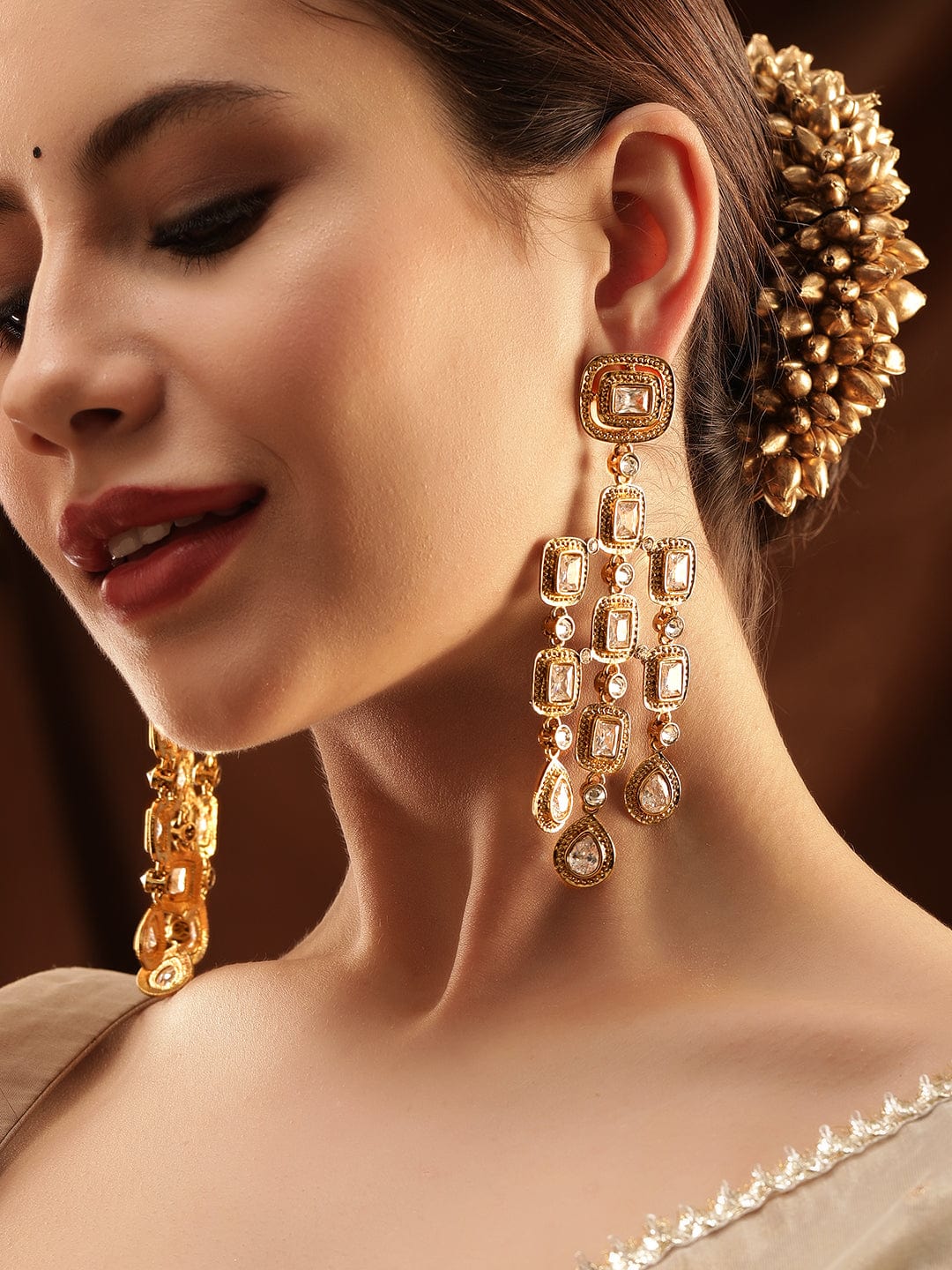 Rubans 22K Antique Gold Plated Zirconia Studded Chandelier Earrings Earrings