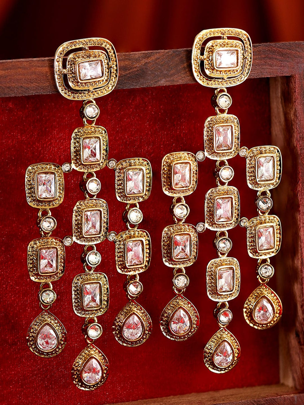 Rubans 22K Antique Gold Plated Zirconia Studded Chandelier Earrings Earrings