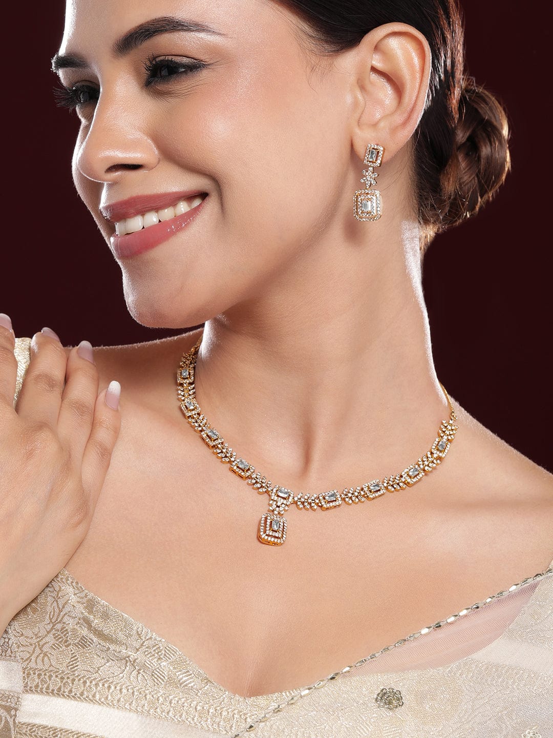 Rubans 22K Gold-Plated AD & White Cubic Zirconia Studded Necklace Set with Geometric Design Jewellery Sets