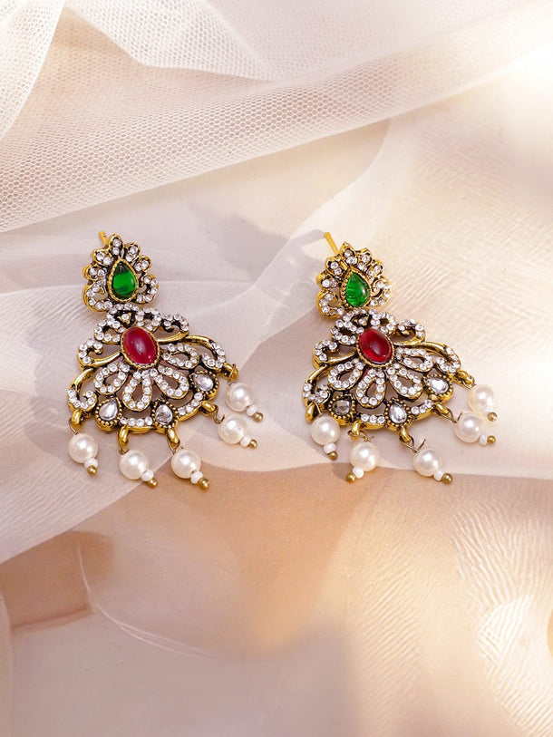 Rubans 22K Gold-Plated Antique Black-Tone Emerald & Ruby Red Necklace Set with CZ & Pearl Jewellery Set