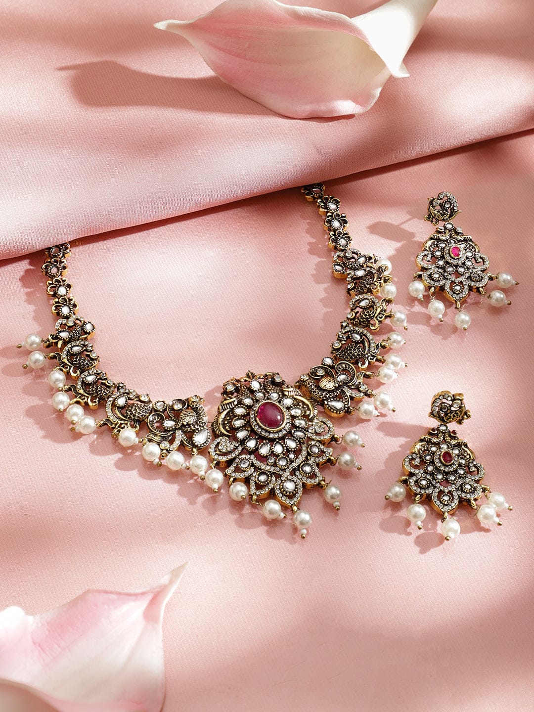 Rubans 22K Gold-Plated Antique Black-Tone Ruby Red & Cubic Zirconia Stones With Pearls Drop Necklace Set Jewellery Set