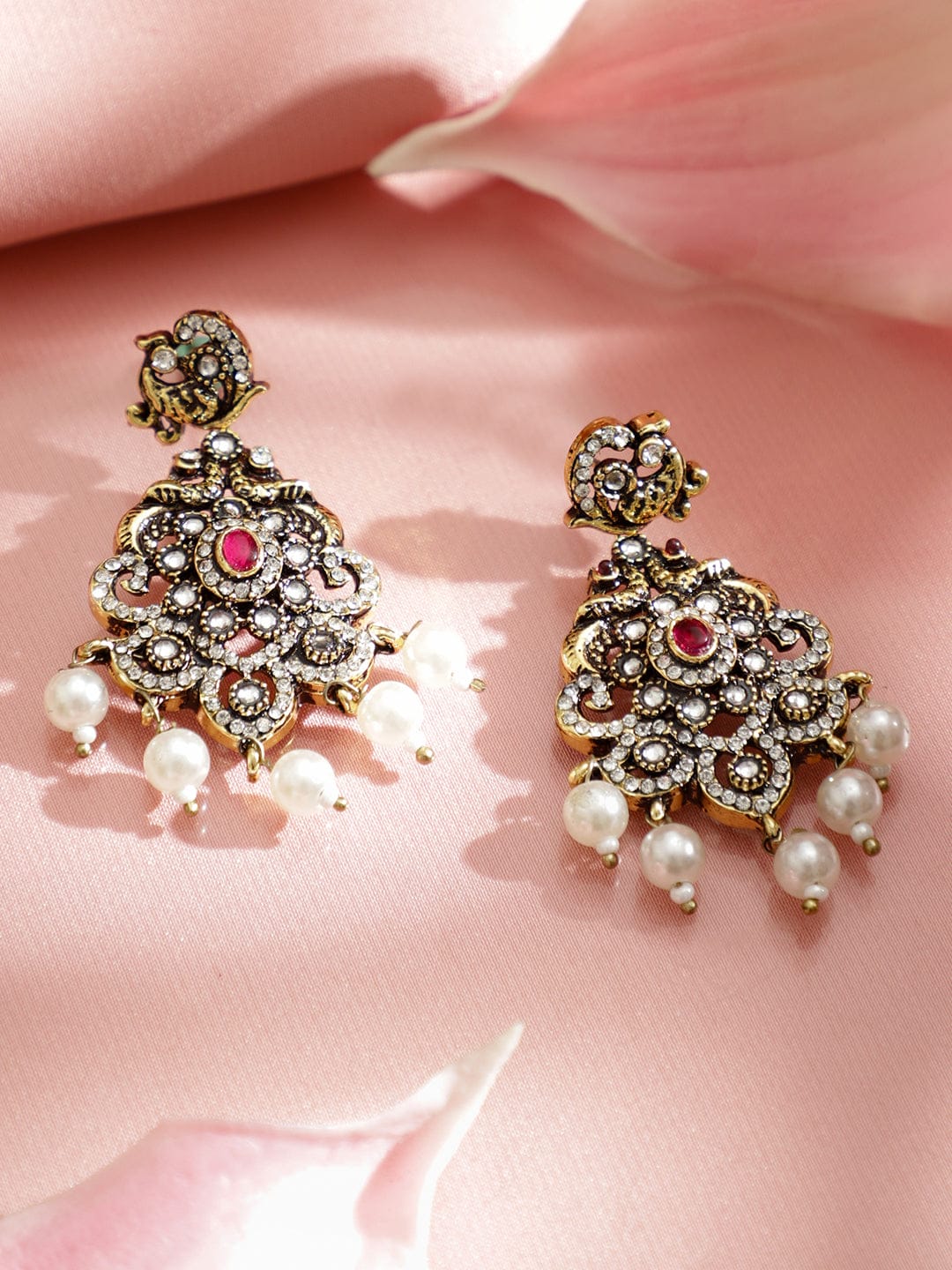 Rubans 22K Gold-Plated Antique Black-Tone Ruby Red & Cubic Zirconia Stones With Pearls Drop Necklace Set Jewellery Set