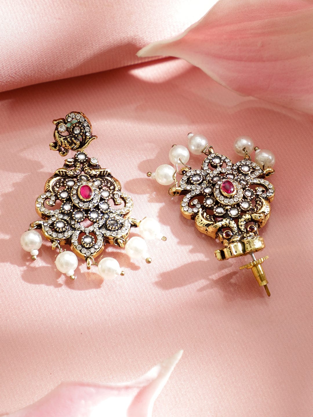 Rubans 22K Gold-Plated Antique Black-Tone Ruby Red & Cubic Zirconia Stones With Pearls Drop Necklace Set Jewellery Set