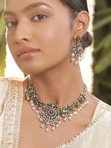 Rubans 22K Gold-Plated Antique Black-Tone Ruby Red & Cubic Zirconia Stones With Pearls Drop Necklace Set Jewellery Set