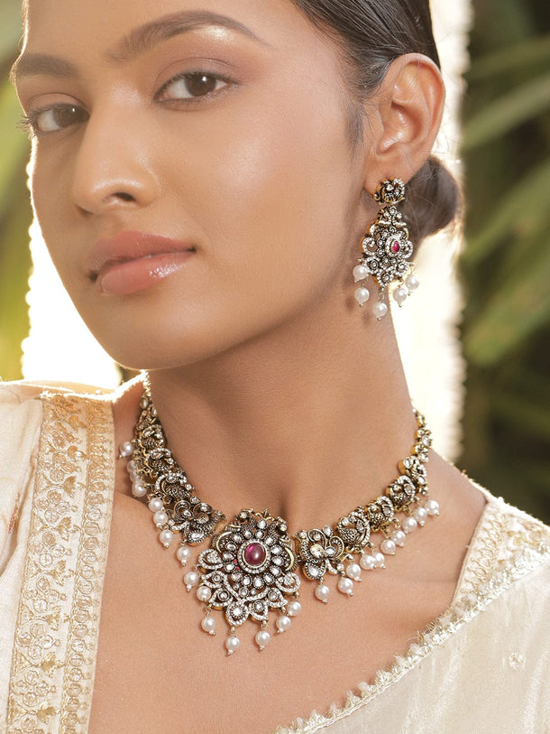 Rubans 22K Gold-Plated Antique Black-Tone Ruby Red & Cubic Zirconia Stones With Pearls Drop Necklace Set Jewellery Set