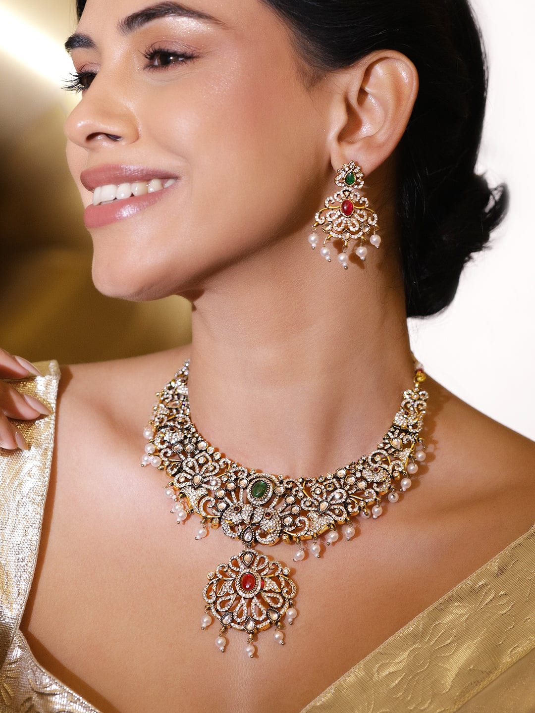 Rubans 22K Gold-Plated Antique Black-Tone Ruby Red & Cubic Zirconia Stones With Pearls Drop Necklace Set Necklace Set