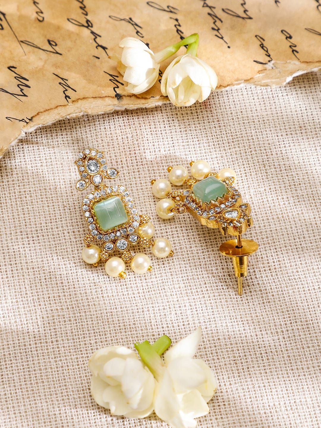 Rubans 22K Gold-Plated Aqua Green AD & White Cubic Zirconia Studded Jewellery Set with Pearl Drops Jewellery Set
