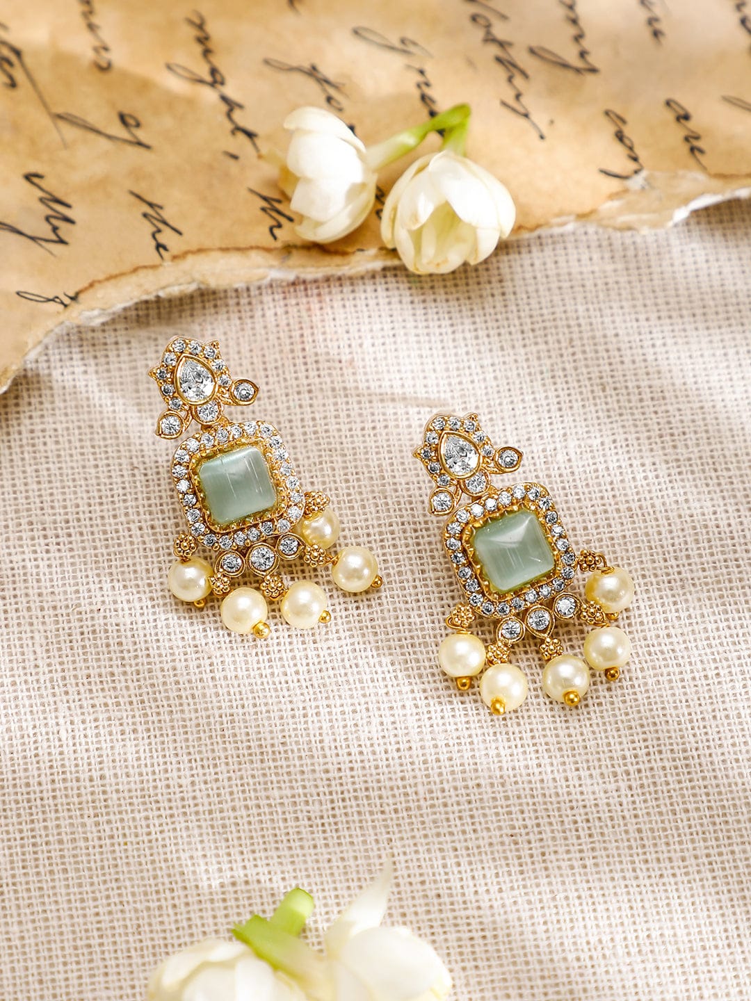 Rubans 22K Gold-Plated Aqua Green AD & White Cubic Zirconia Studded Jewellery Set with Pearl Drops Jewellery Set