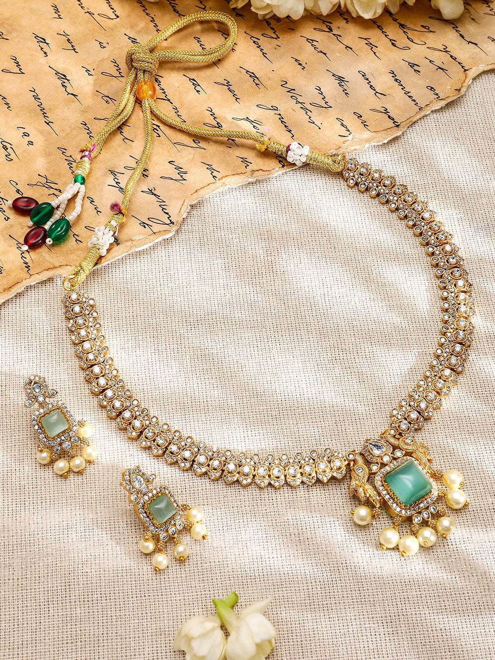 Rubans 22K Gold-Plated Aqua Green AD & White Cubic Zirconia Studded Jewellery Set with Pearl Drops Jewellery Set