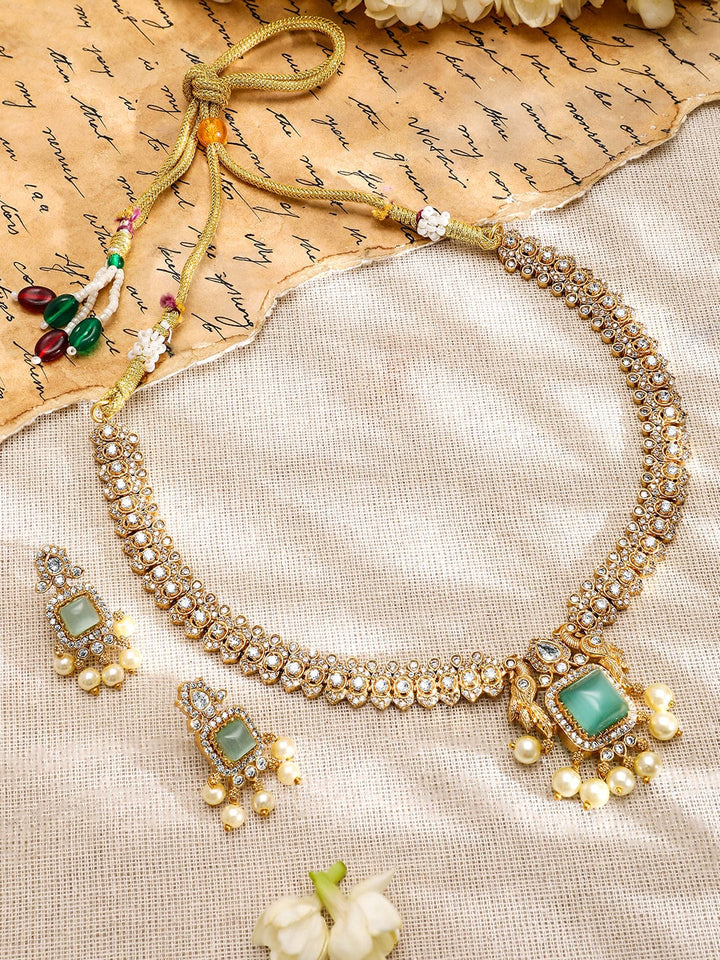 Rubans 22K Gold-Plated Aqua Green AD & White Cubic Zirconia Studded Jewellery Set with Pearl Drops Jewellery Set