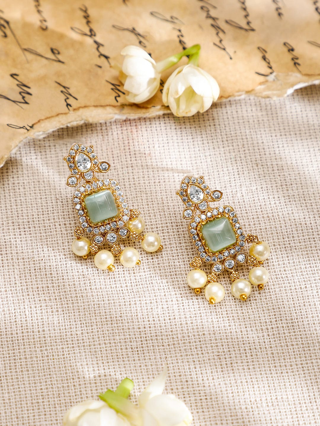 Rubans 22K Gold-Plated Aqua Green AD & White Cubic Zirconia Studded Jewellery Set with Pearl Drops Jewellery Sets