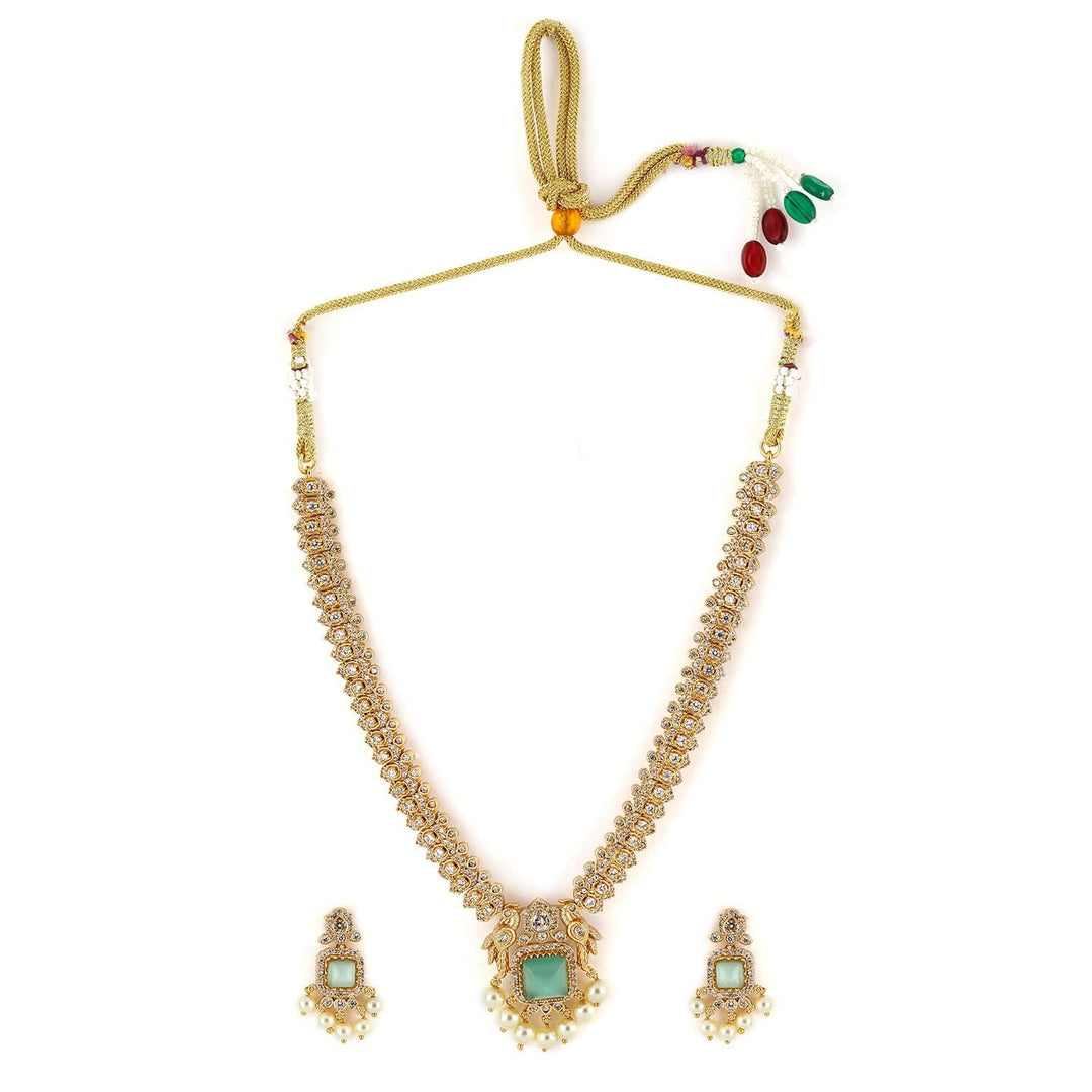 Rubans 22K Gold-Plated Aqua Green AD & White Cubic Zirconia Studded Jewellery Set with Pearl Drops Jewellery Sets