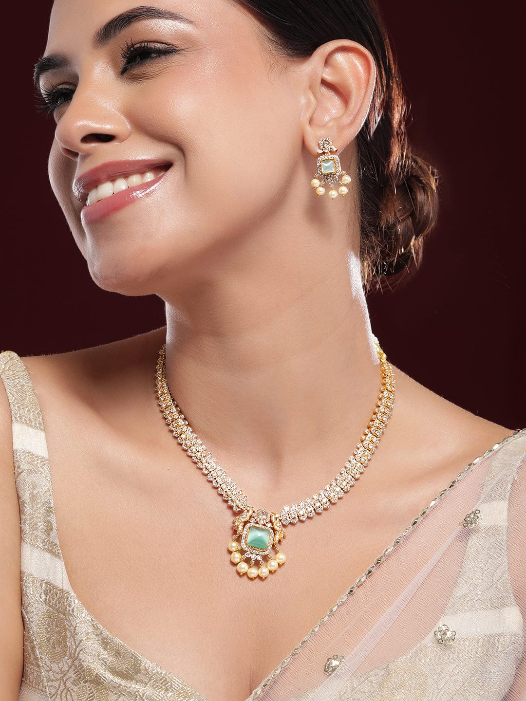 Rubans 22K Gold-Plated Aqua Green AD & White Cubic Zirconia Studded Jewellery Set with Pearl Drops Jewellery Sets