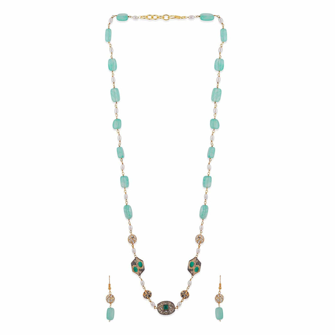 Rubans 22K Gold-Plated Aqua Green Beaded Antique Pendant Necklace Set with Earrings Choker set