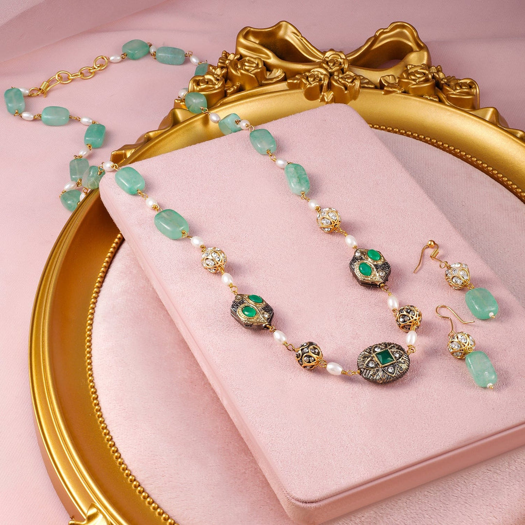 Rubans 22K Gold-Plated Aqua Green Beaded Antique Pendant Necklace Set with Earrings Choker set