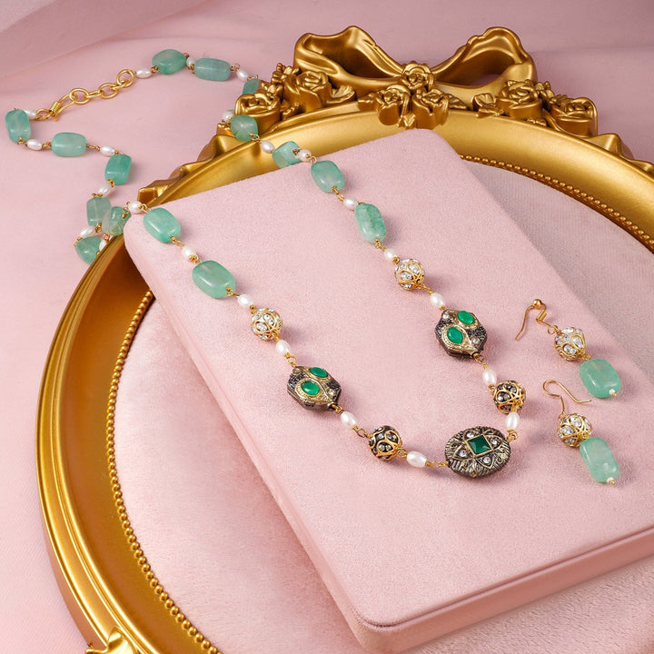 Rubans 22K Gold-Plated Aqua Green Beaded Antique Pendant Necklace Set with Earrings Choker set