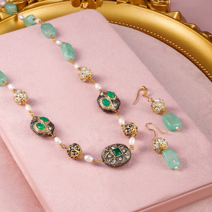 Rubans 22K Gold-Plated Aqua Green Beaded Antique Pendant Necklace Set with Earrings Choker set