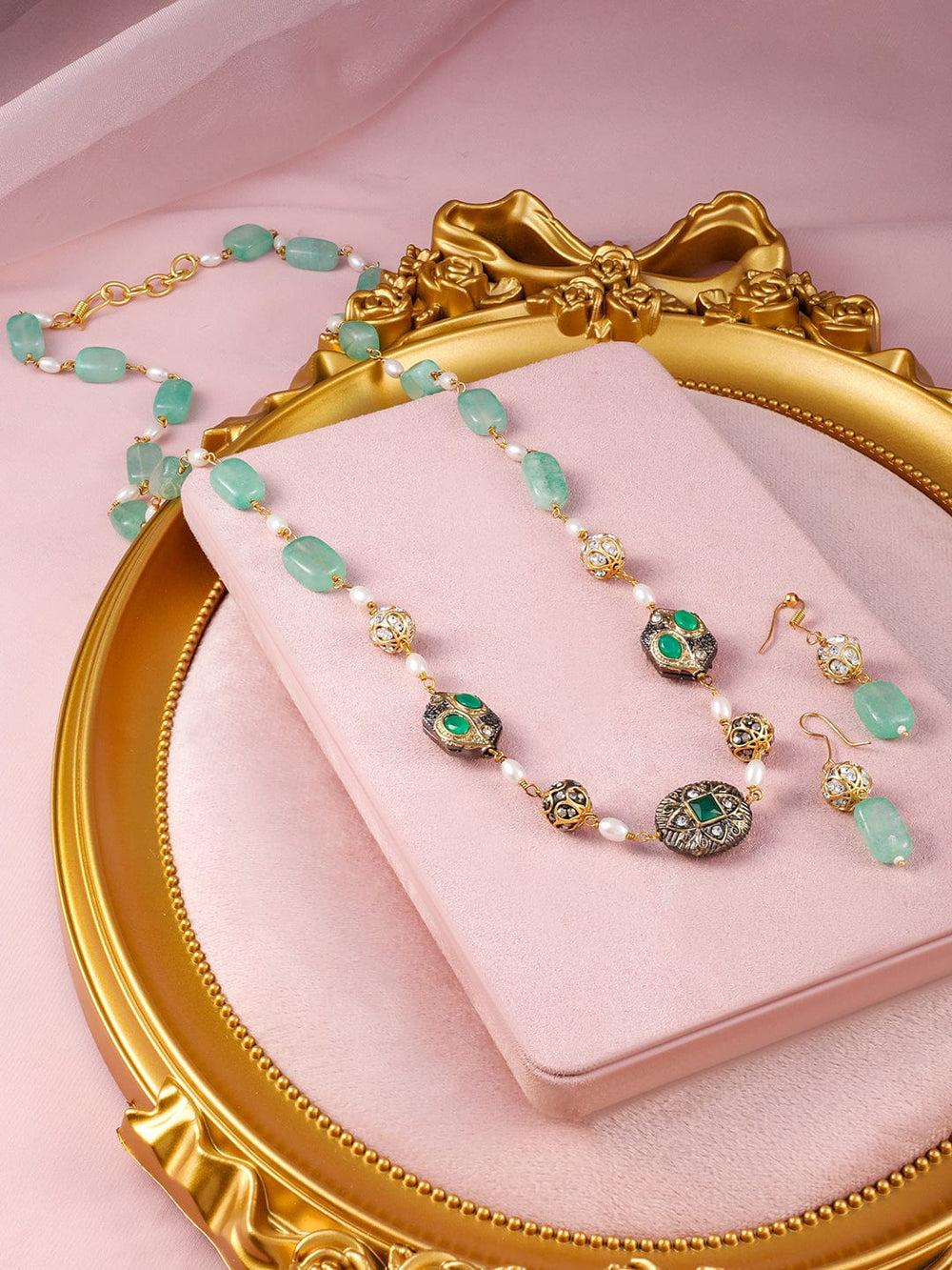 Rubans 22K Gold-Plated Aqua Green Beaded Antique Pendant Necklace Set with Earrings Jewellery Set