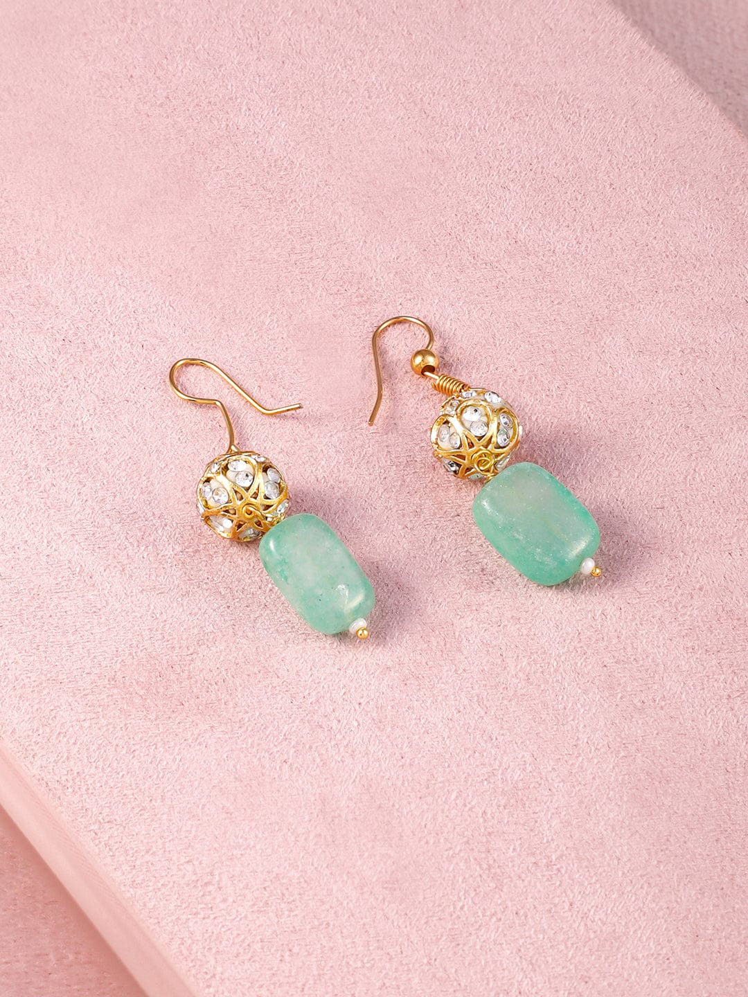 Rubans 22K Gold-Plated Aqua Green Beaded Antique Pendant Necklace Set with Earrings Jewellery Set