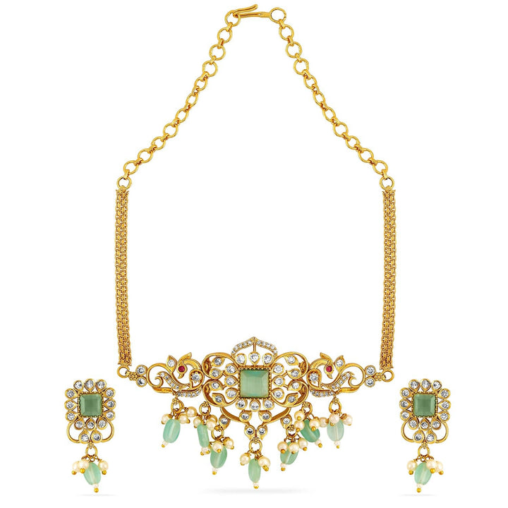 Rubans 22K Gold Plated Aqua Green & Cubic Zirconia Choker Set with Green & Pearl Beads Choker set