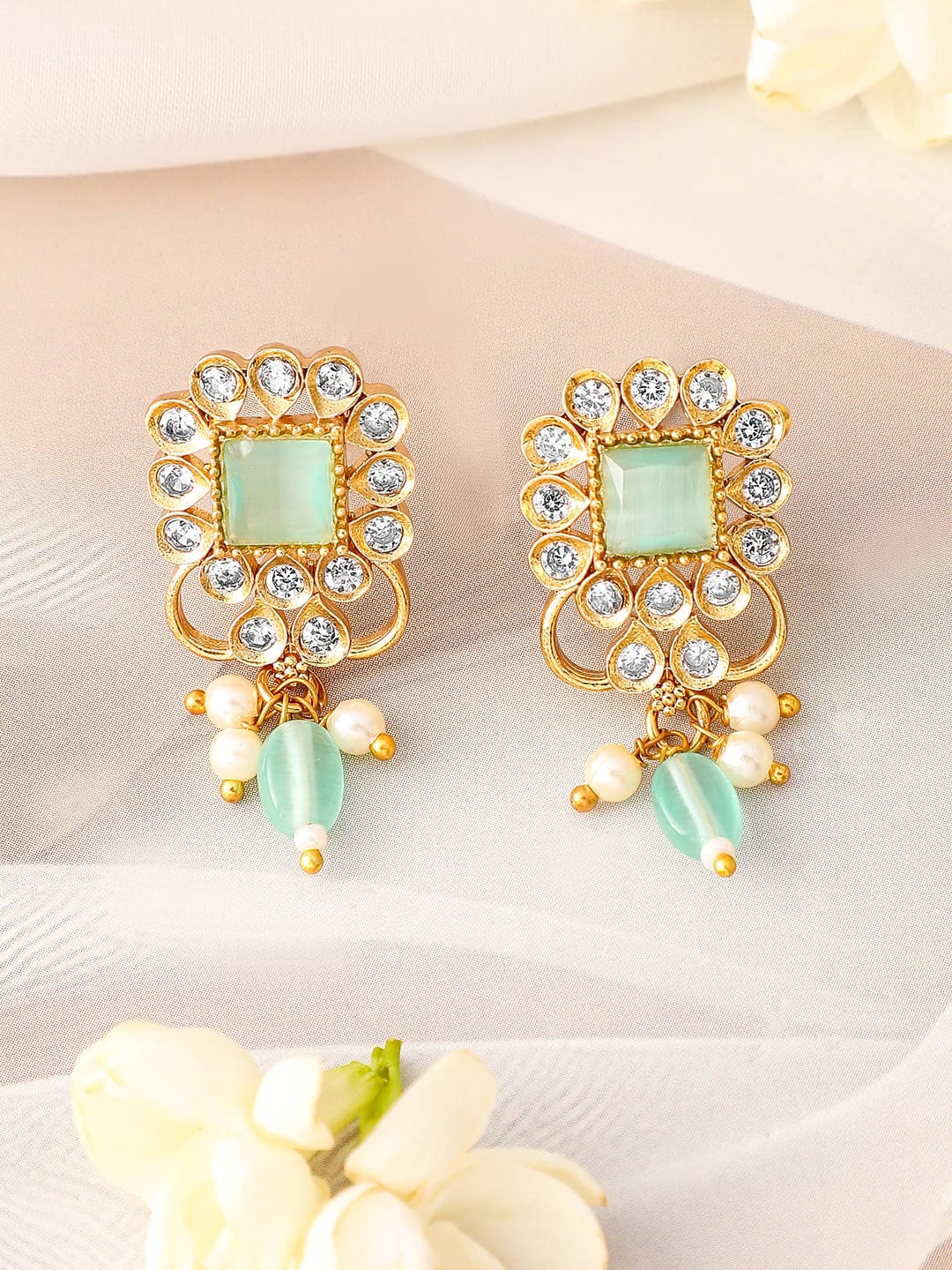 Rubans 22K Gold Plated Aqua Green & Cubic Zirconia Choker Set with Green & Pearl Beads Jewellery Set