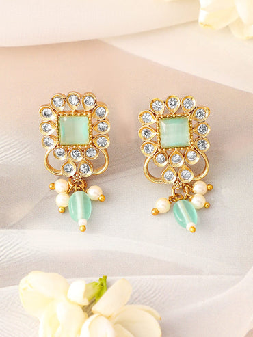 Rubans 22K Gold Plated Aqua Green & Cubic Zirconia Choker Set with Green & Pearl Beads Jewellery Set