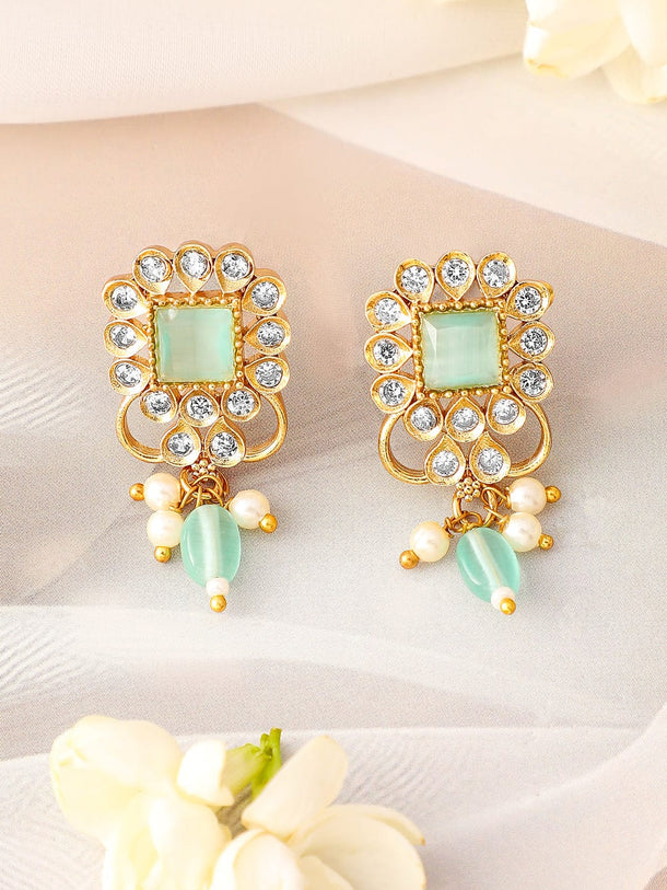 Rubans 22K Gold Plated Aqua Green & Cubic Zirconia Choker Set with Green & Pearl Beads Jewellery Set