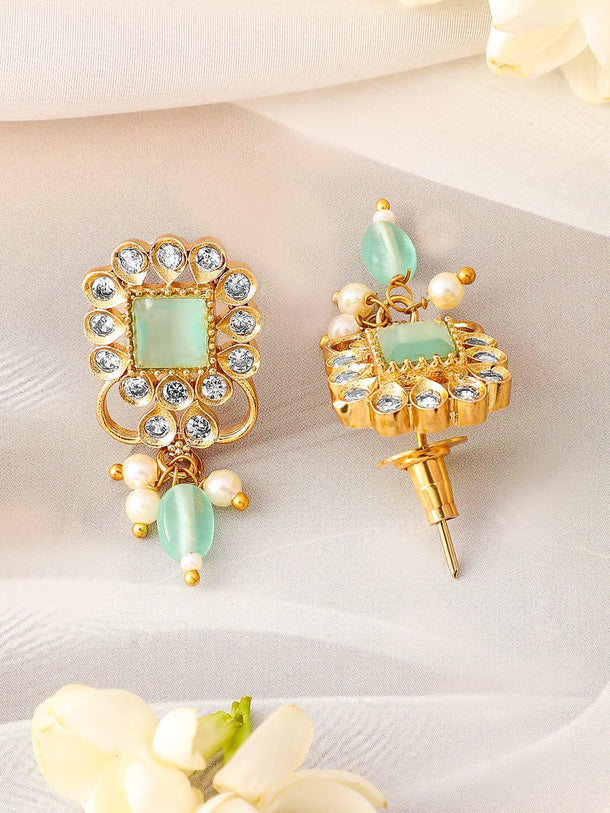 Rubans 22K Gold Plated Aqua Green & Cubic Zirconia Choker Set with Green & Pearl Beads Jewellery Set